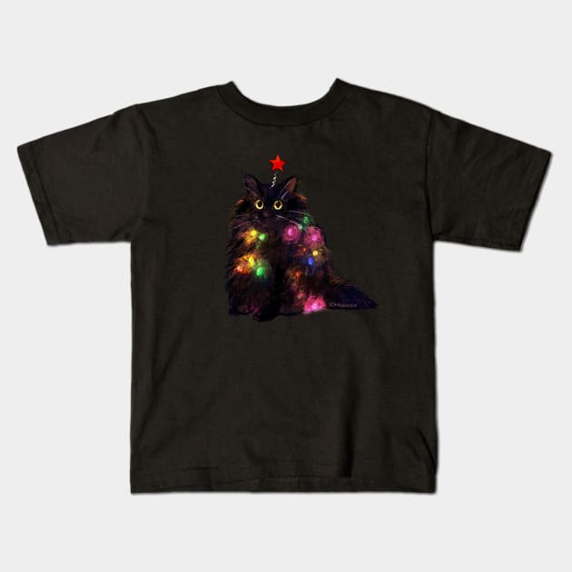 Christmas Lights Cat Kids T-Shirt by Catwheezie